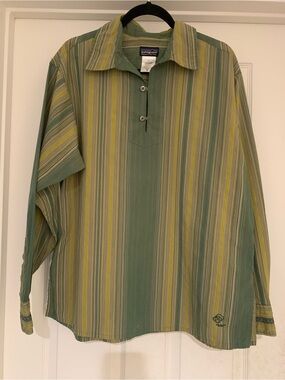 Patagonia Men’s Green and Yellow Striped Button-Down Shirt